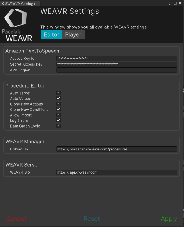 WEAVR Settings — Editor
