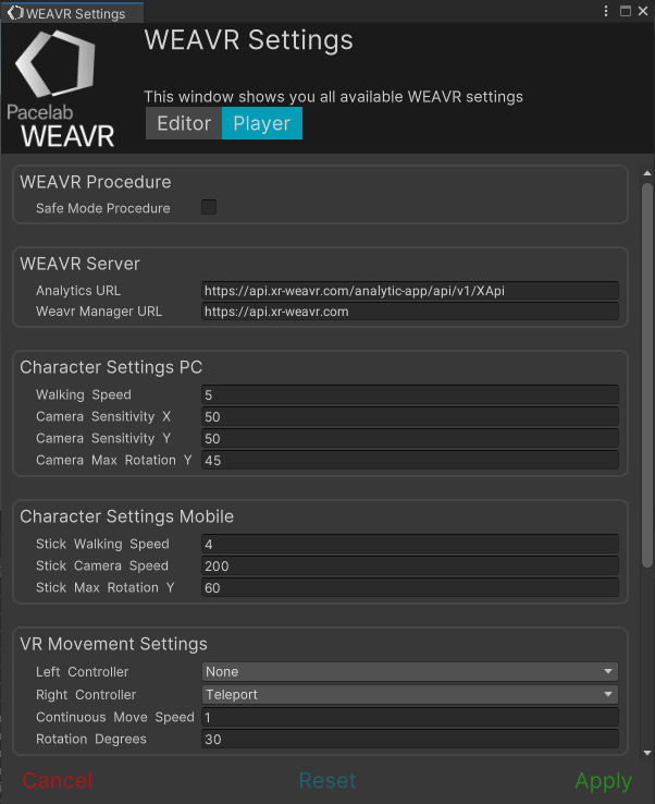 WEAVR Settings — Player